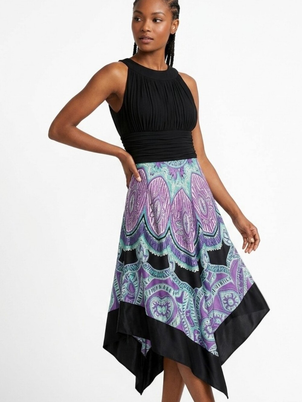 NWT Dressbarn Black and Purple Handkerchief Dress